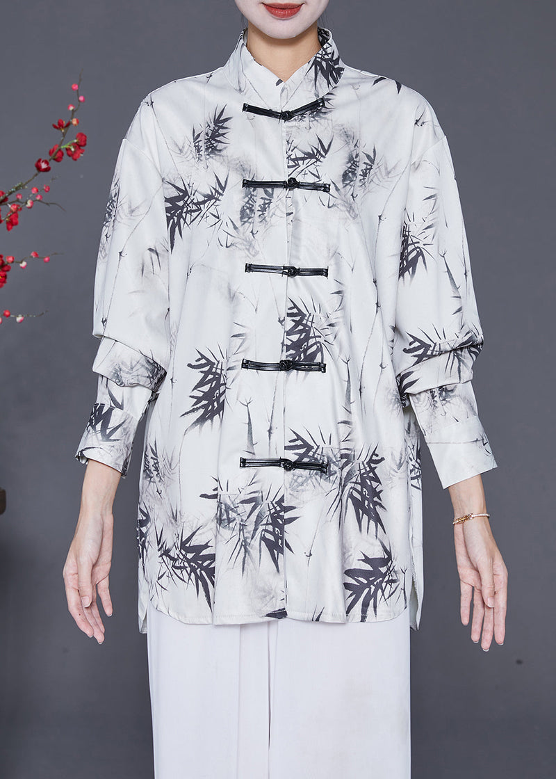 White Inkwash Painting Print Chinese Button Chiffon Shirt Tops Fall