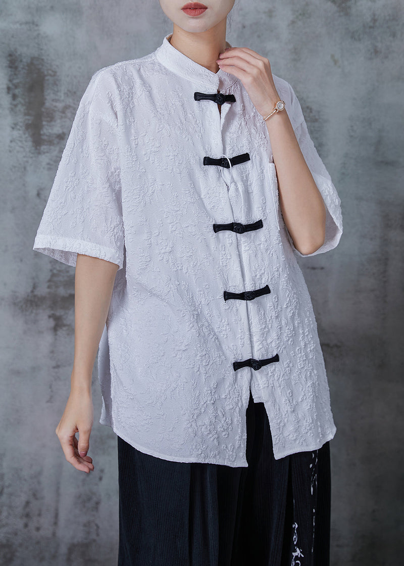 White Jacquard Chinese Button Cotton Shirts Summer