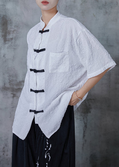White Jacquard Chinese Button Cotton Shirts Summer