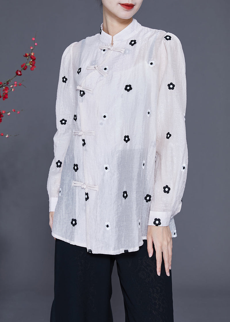 White Mandarin Collar Embroideried Chinese Button Silk Top Spring