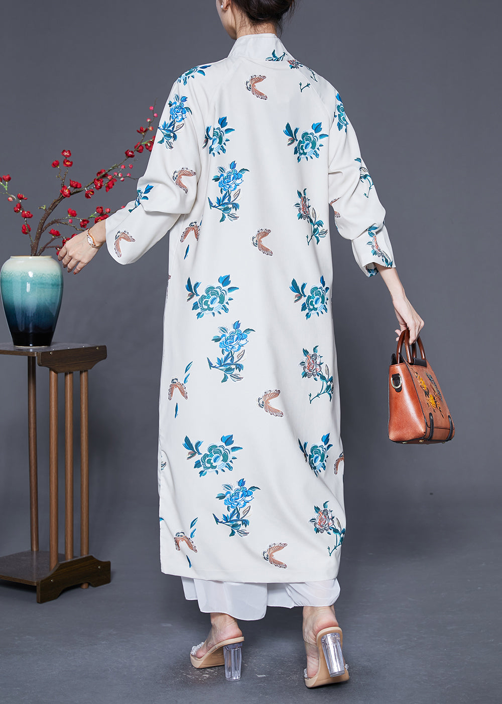 White Mandarin Collar Embroideried Satin Dress Caftan Spring