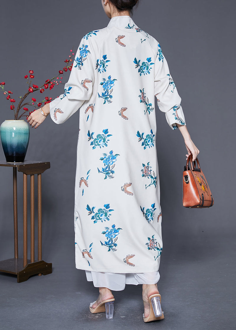 White Mandarin Collar Embroideried Satin Dress Caftan Spring