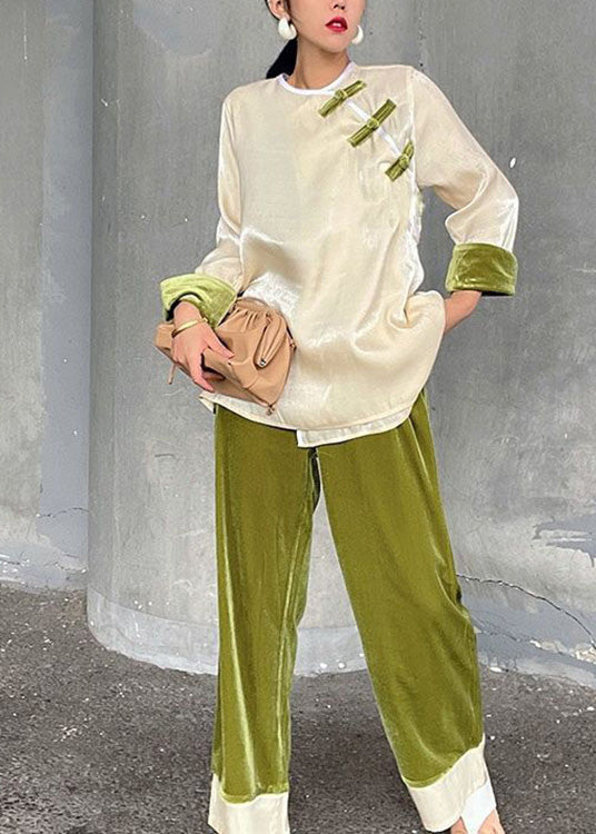 White O-neck Velour Top and Green Wide Leg Pants Two Pieces Set Spring
