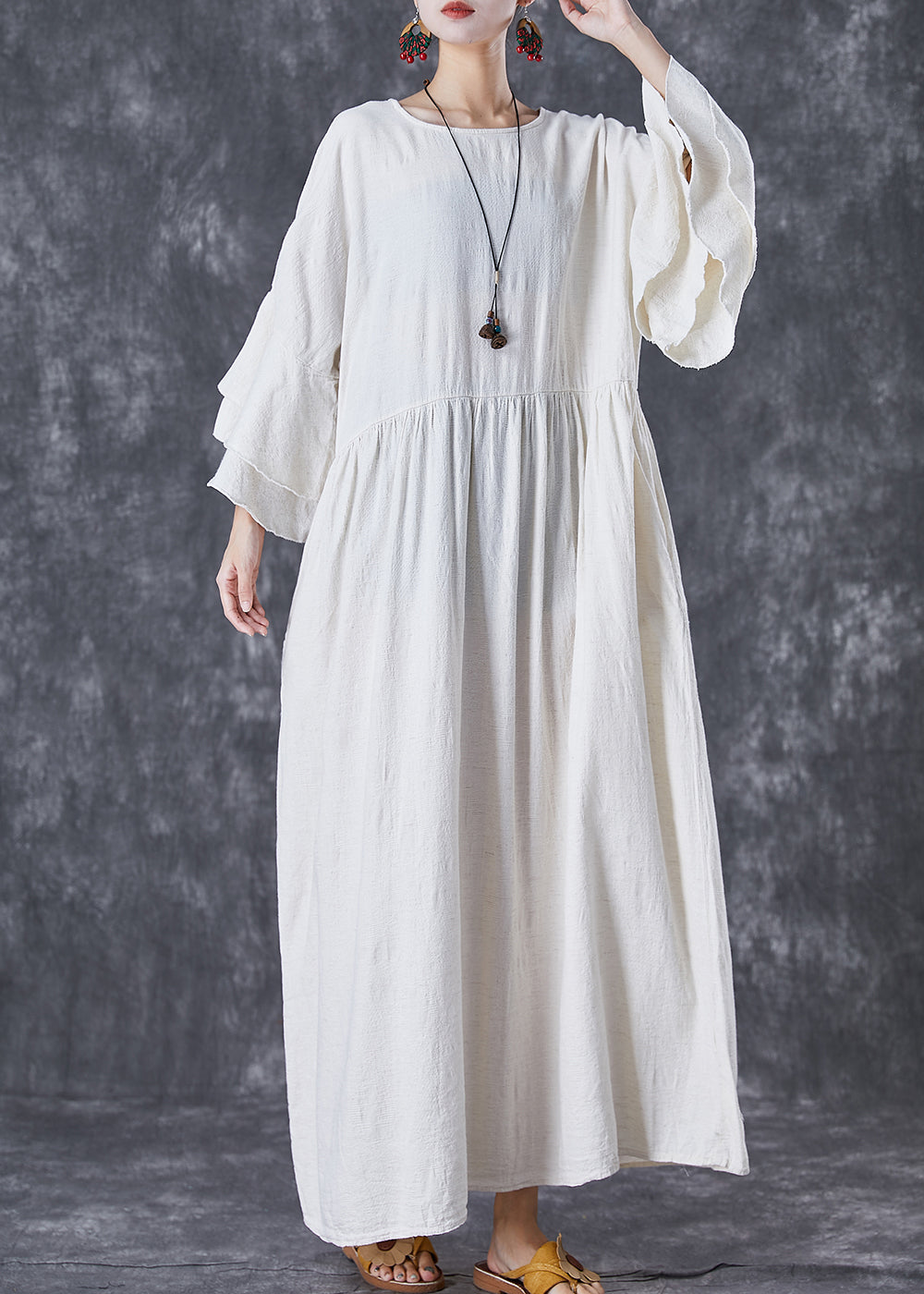 White Oversized Exra Large Hem Linen Maxi Dresses Flare Sleeve