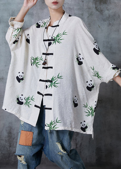 Vintage White Oversized Print Cotton Blouse Top Fall