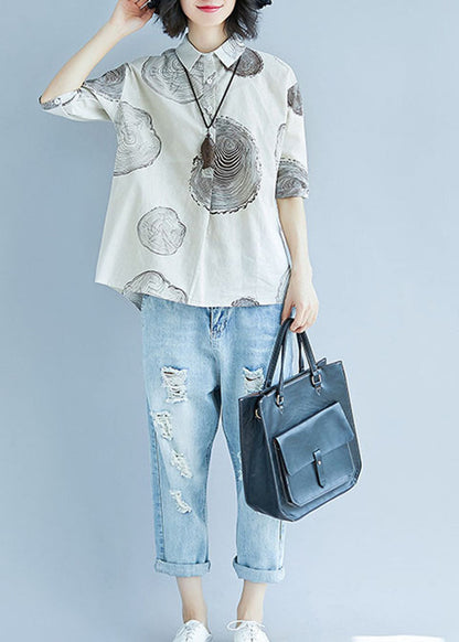 White Peter Pan Collar Print Cotton Top Half Sleeve