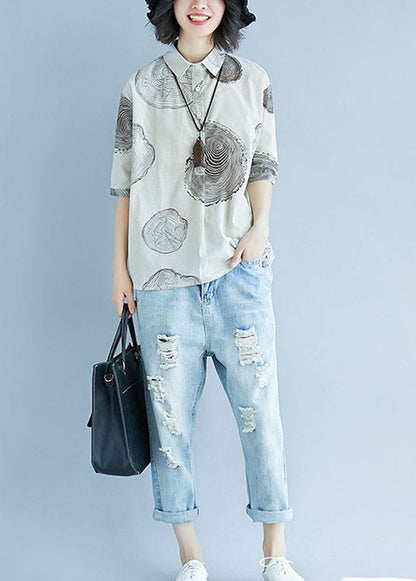 White Peter Pan Collar Print Cotton Top Half Sleeve