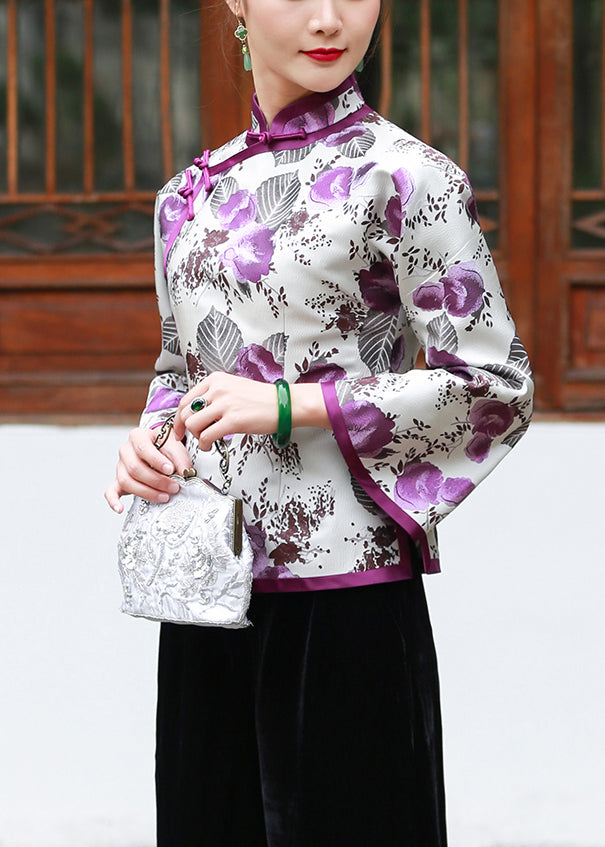 White Print Button Patchwork Silk Blouses Flare Sleeve
