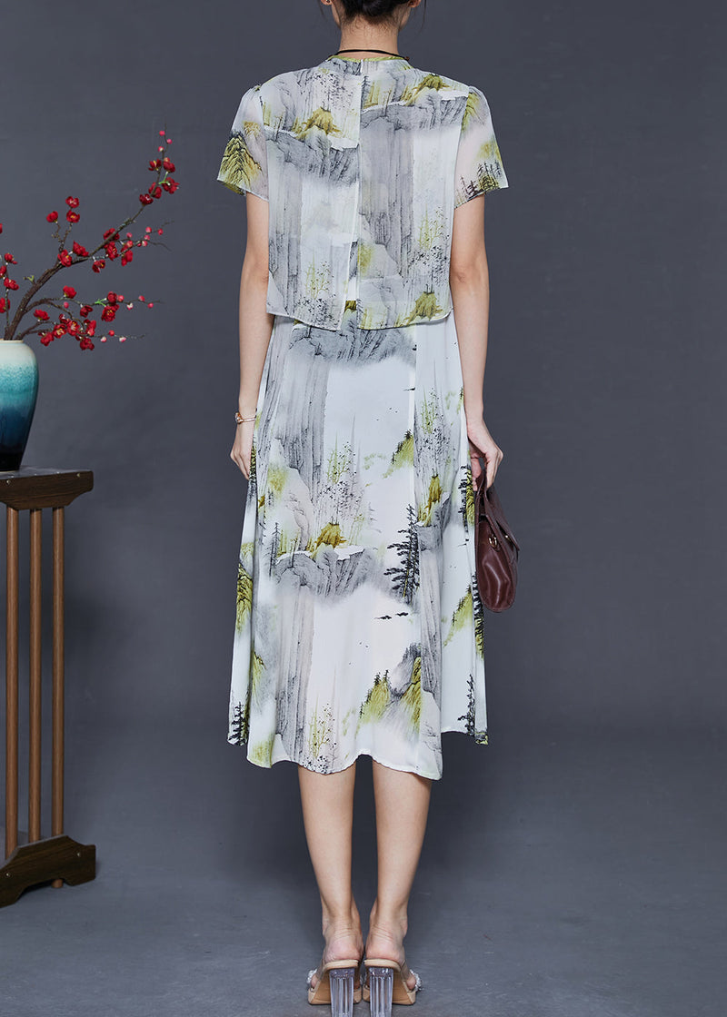 White Print Chiffon Oriental Dresses Summer