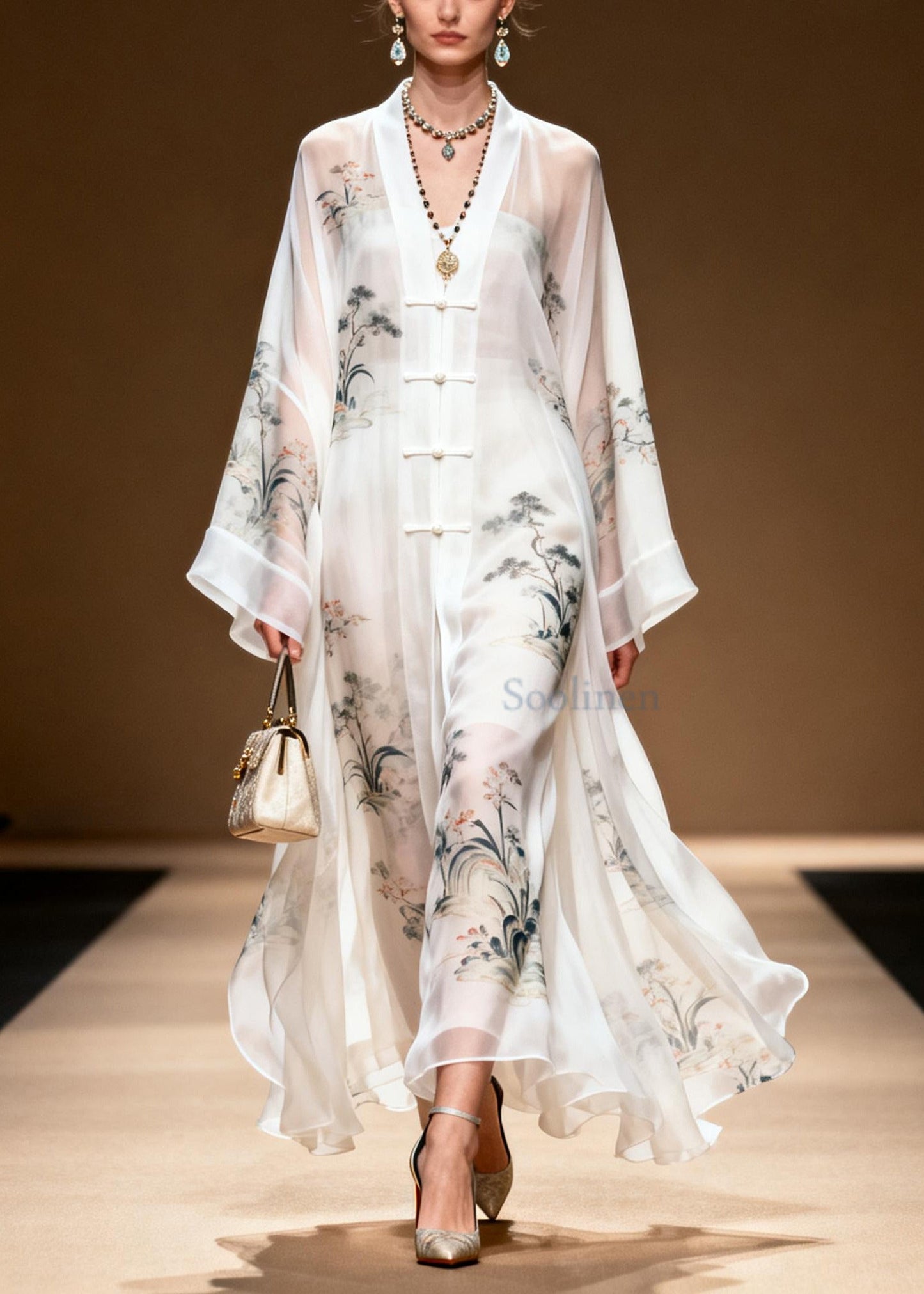 White Print Chinese Button Draping Chiffon Dress Summer
