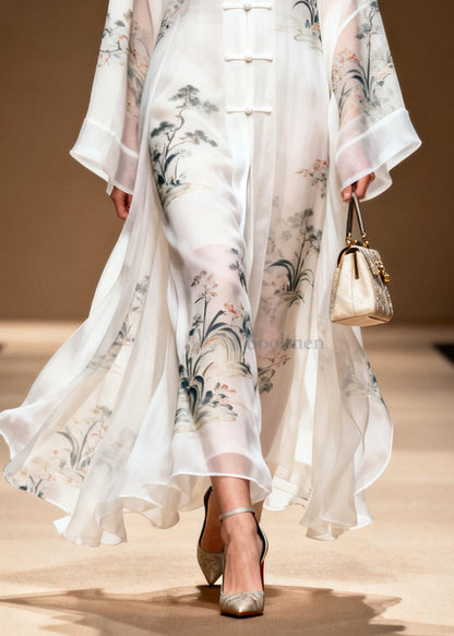 White Print Chinese Button Draping Chiffon Dress Summer