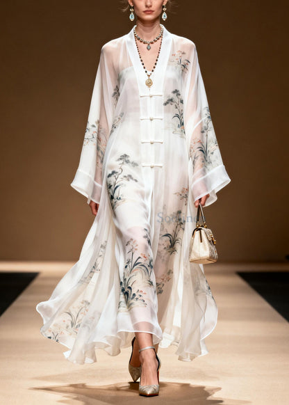 White Print Chinese Button Draping Chiffon Dress Summer