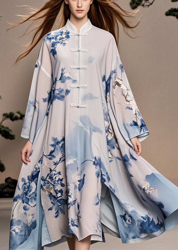 White Print Chinese Button Side Open Chiffon Oriental Dress Spring