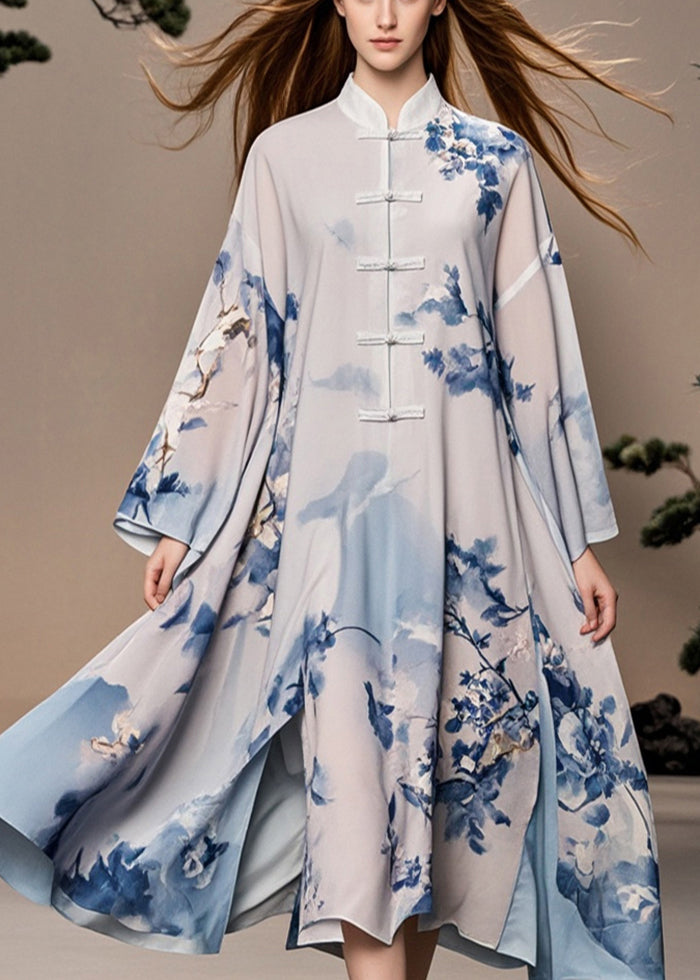 White Print Chinese Button Side Open Chiffon Oriental Dress Spring