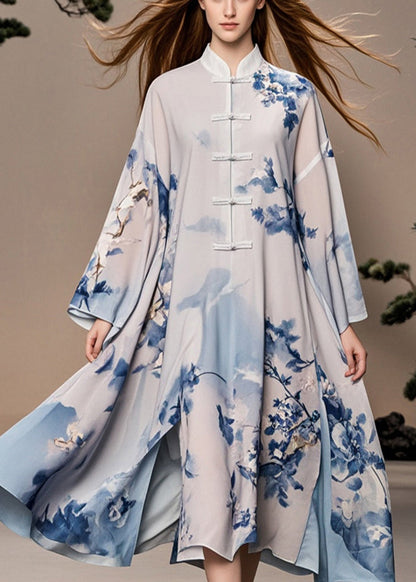 White Print Chinese Button Side Open Chiffon Oriental Dress Spring