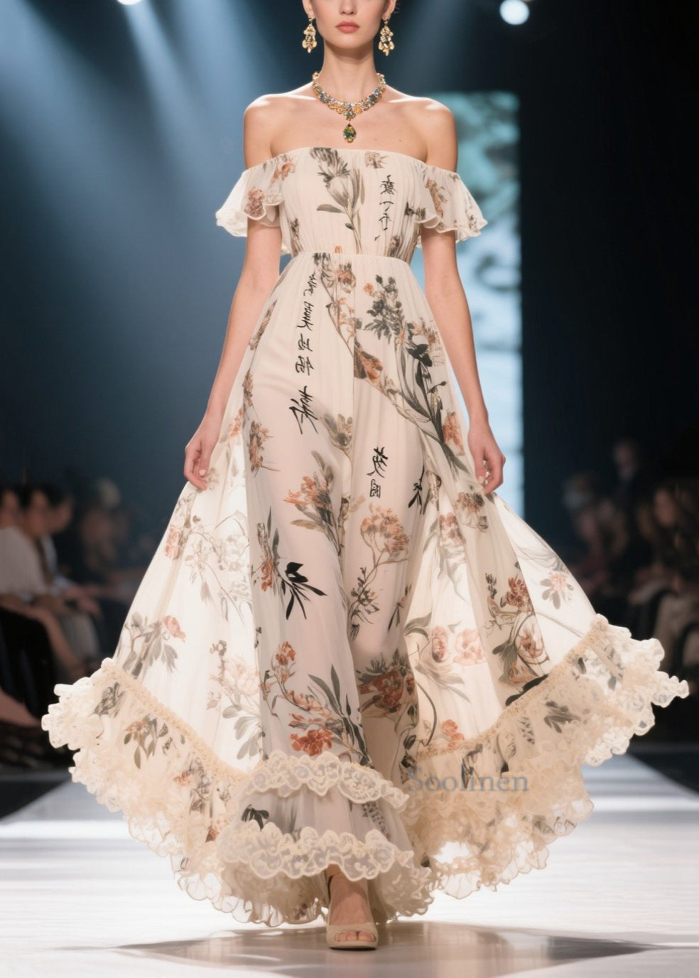 White Ruffled Print Chiffon Strapless Dress Summer