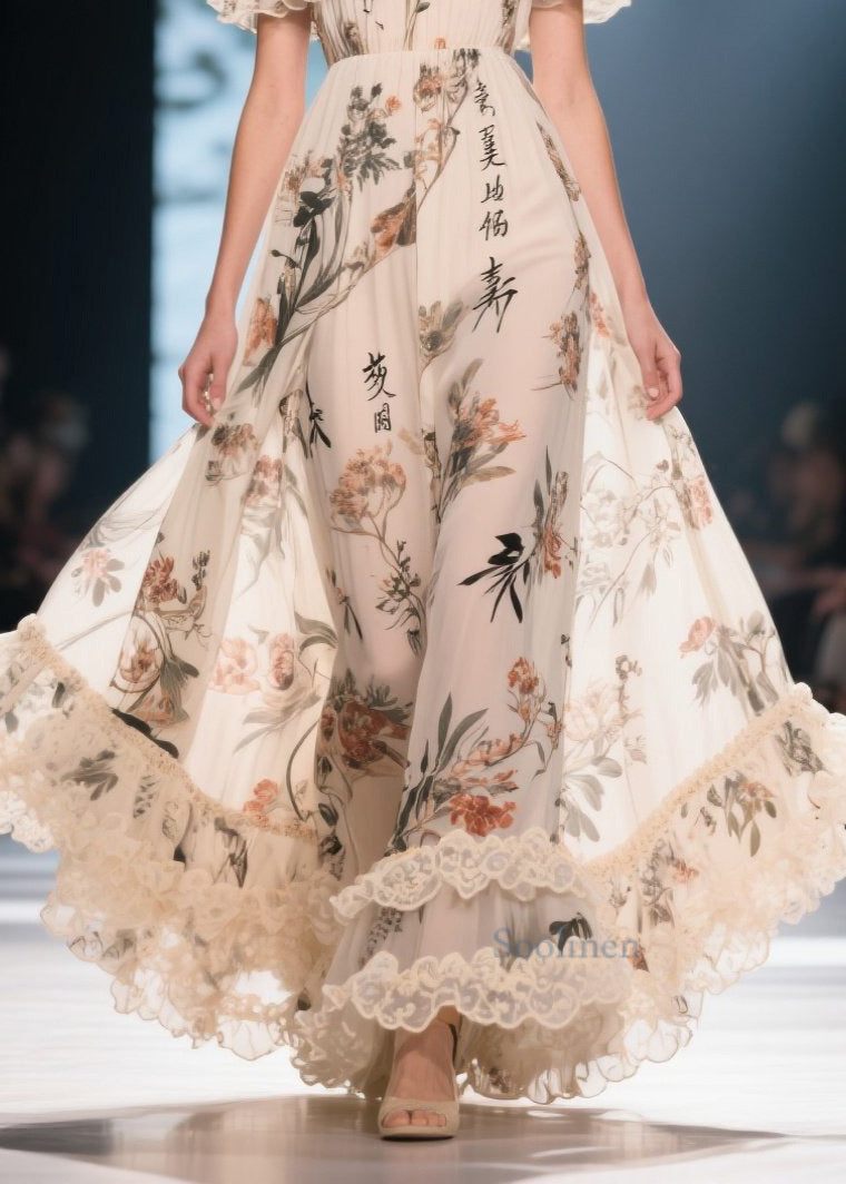White Ruffled Print Chiffon Strapless Dress Summer