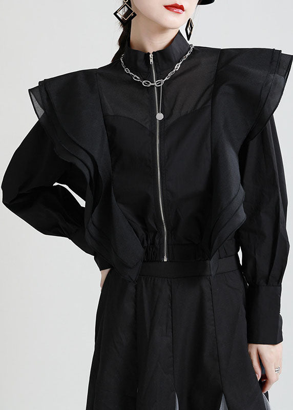 White Ruffles Zippered Patchwork Tulle Fall Long Sleeve Coat