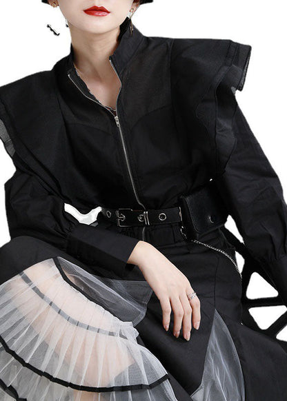 White Ruffles Zippered Patchwork Tulle Fall Long Sleeve Coat