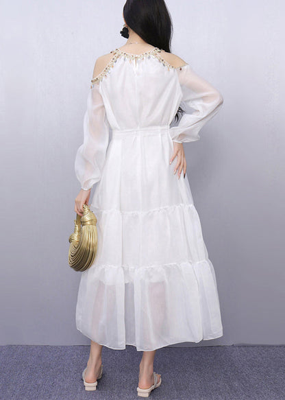 White Sequins Cold Shoulder Holiday Dress Summer