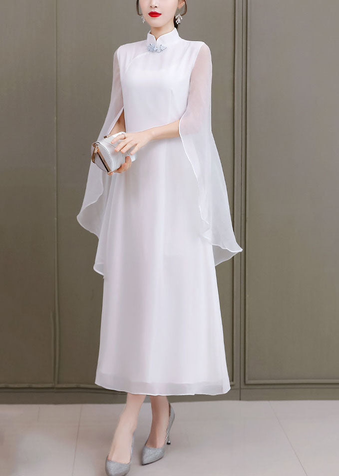 White Mandarin Collar Shawl Chiffon Cheongsam Dress Sleeveless