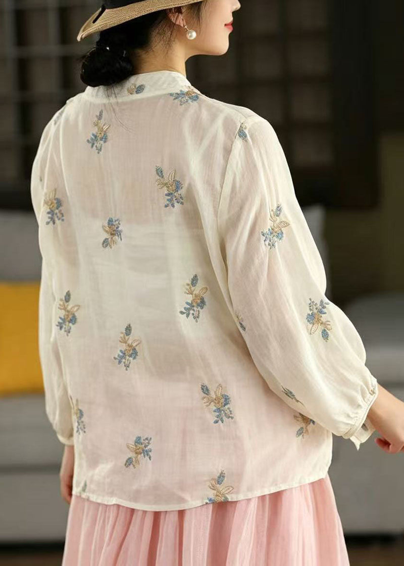 White Stand Collar Embroidered Linen Blouses Spring