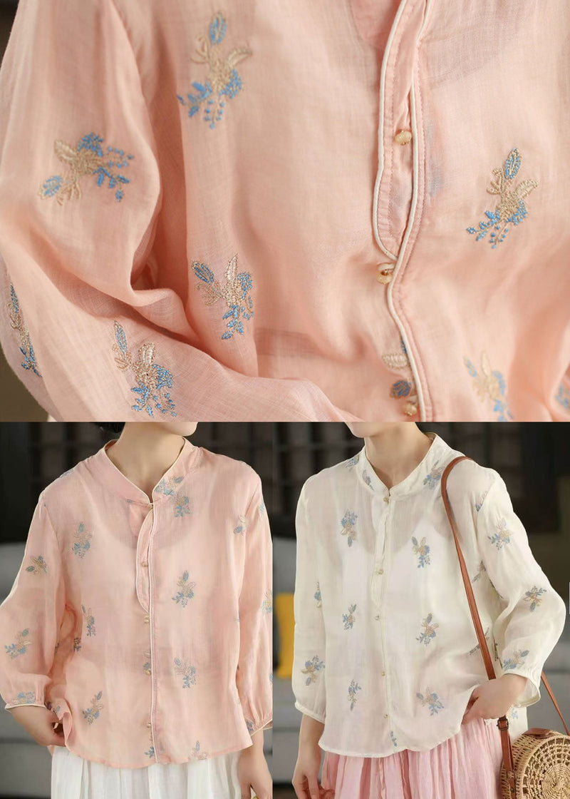 White Stand Collar Embroidered Linen Blouses Spring