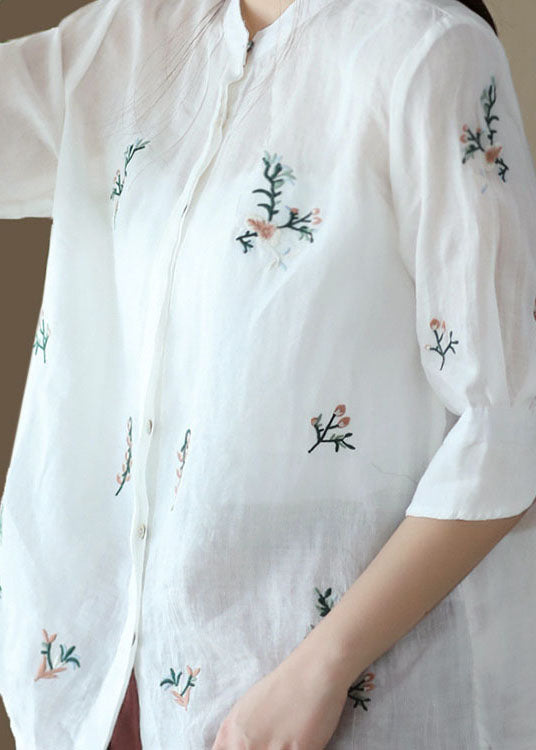 White Stand Collar Embroideried Patchwork Linen Tops Summer