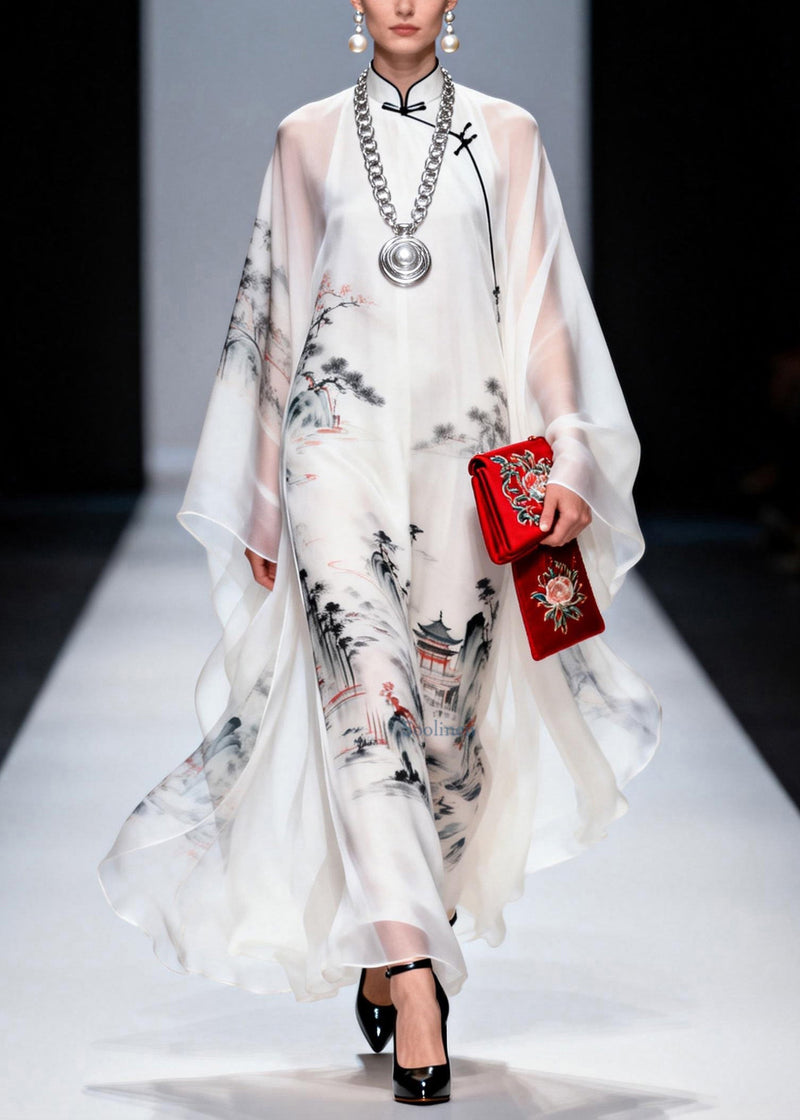 White Stand Collar Print Chiffon Long Dress Spring