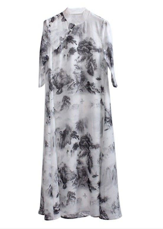 White Stand Collar Ruffled Print Patchwork Linen Dress Summer