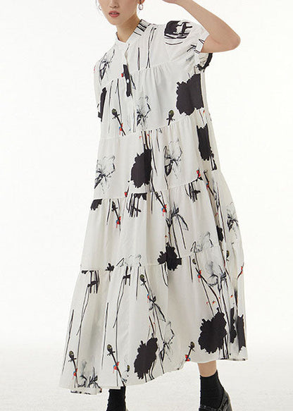 White Stand Collar Wrinkled Print Chiffon Dresses Summer