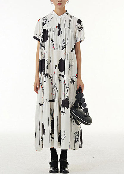 White Stand Collar Wrinkled Print Chiffon Dresses Summer