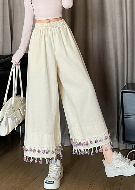 White Tasseled Patchwork Cotton Crop Pants Spring