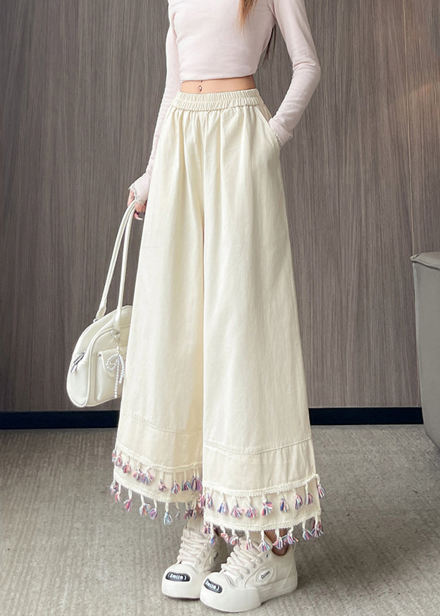 White Tasseled Patchwork Cotton Crop Pants Spring