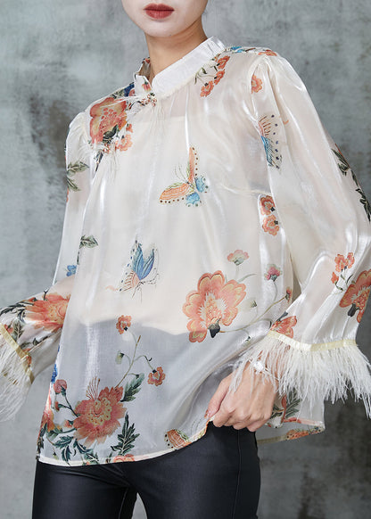 Vintage White Tasseled Print Silk Shirts Spring