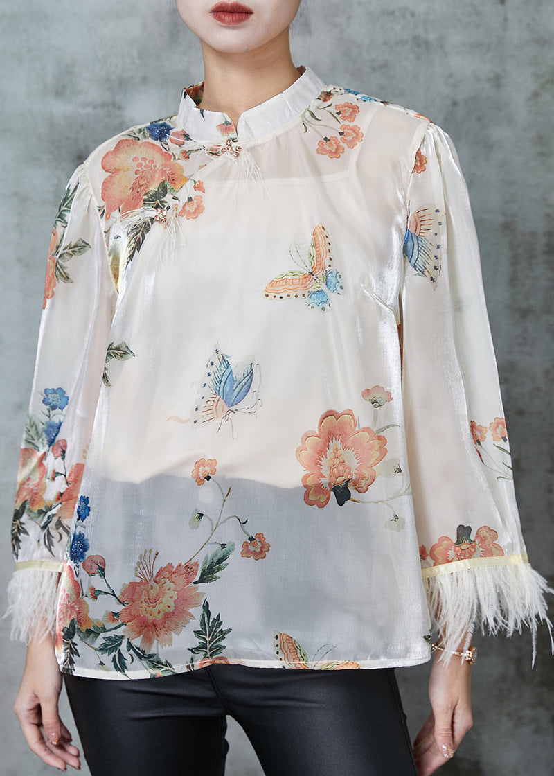 White Tasseled Print Silk Shirts Spring