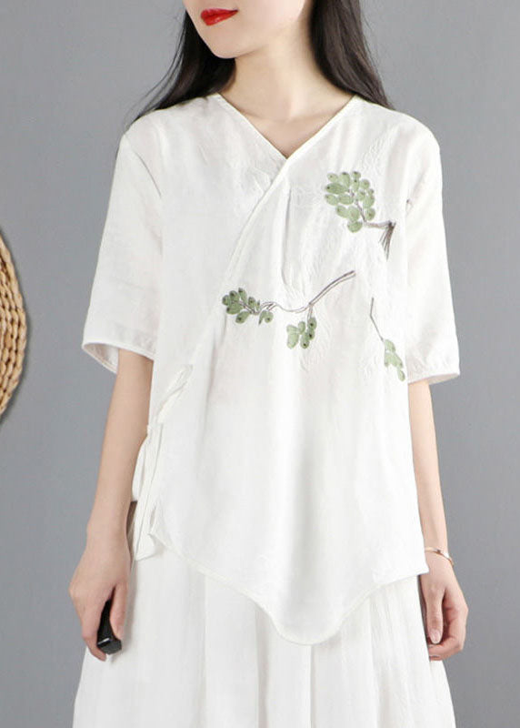White V Neck Asymmetrical Design Cotton Tops Short Sleeve