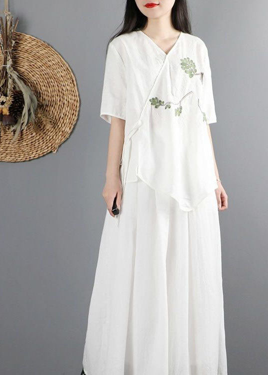White V Neck Asymmetrical Design Cotton Tops Short Sleeve