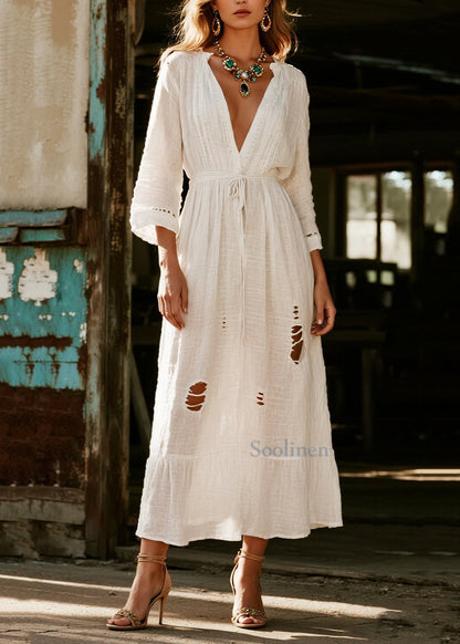 White V Neck Hollow Out Cotton Vacation Dresses Spring