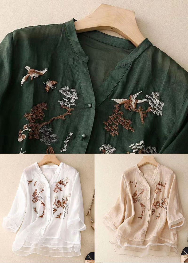 White V Neck Patchwork Cotton Shirt Top Spring