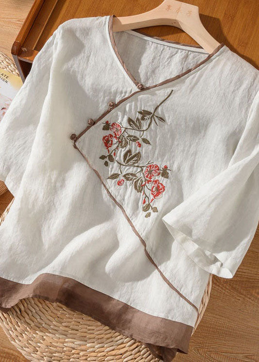 White V Neck Patchwork Linen Blouses Half Sleeve