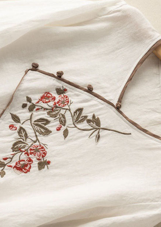 White V Neck Patchwork Linen Blouses Half Sleeve