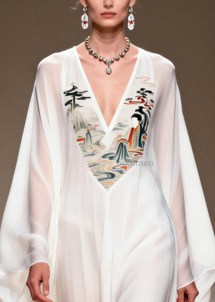White V Neck Patchwork Print Chiffon Vacation Dress Summer