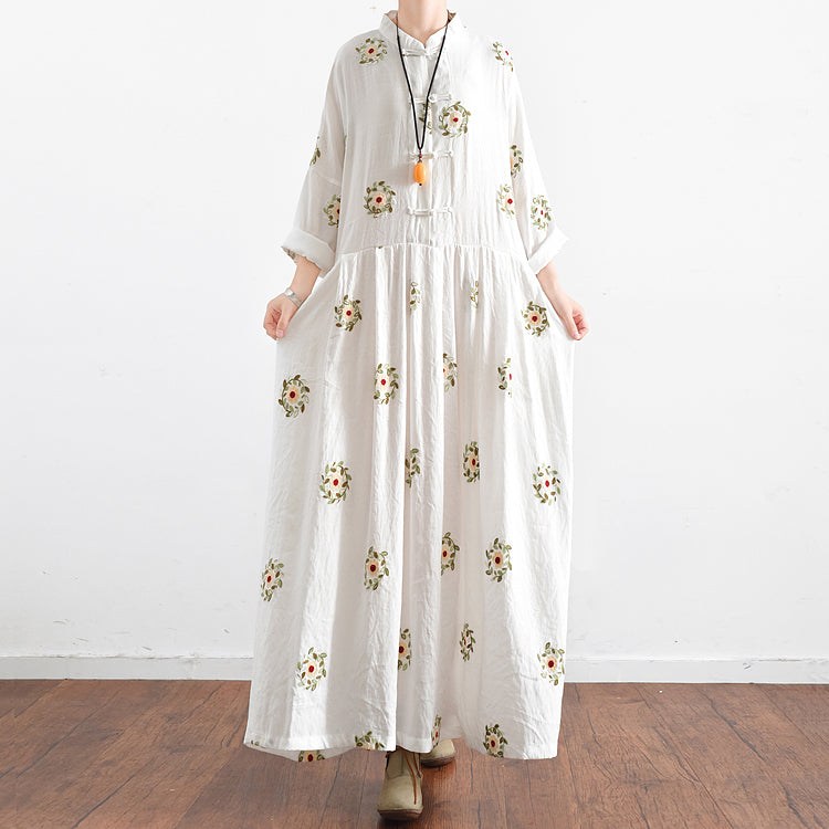 White Embroidered Chiffon Dresses Long Caftans Oversized Gown