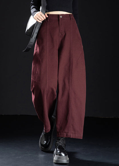 Wine Red Pockets Elastic Waist Denim Crop Pants Spring