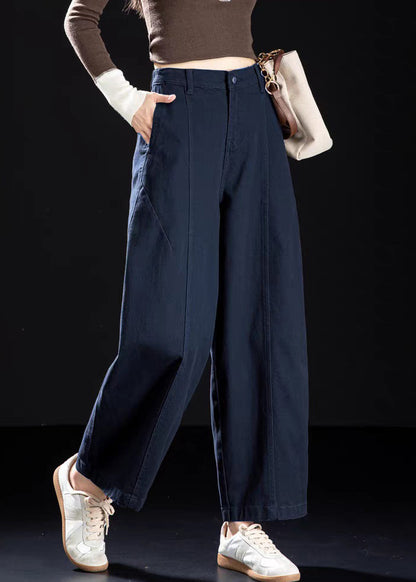 Wine Red Pockets Elastic Waist Denim Crop Pants Spring