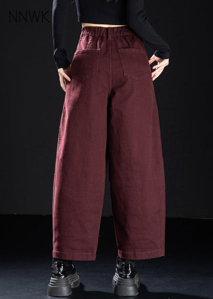 Wine Red Pockets Elastic Waist Denim Crop Pants Spring