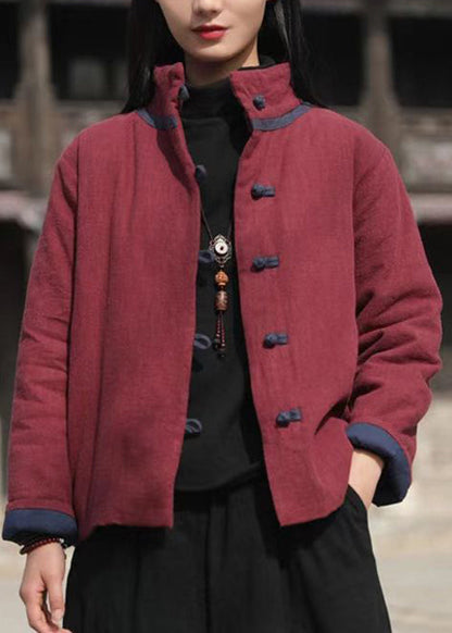 Wine Red Stand Collar Button Cotton Filled Parkaer Winter