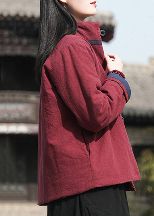 Wine Red Stand Collar Button Cotton Filled Parkaer Winter