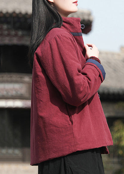 Wine Red Stand Collar Button Cotton Filled Parkaer Winter